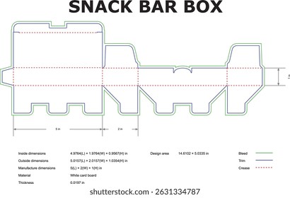 Vektorgrafik eines Snack-Bar-Box-Design mit Abmessungen und Schnittlinien auf weißem Hintergrund.