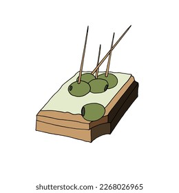 Ilustración vectorial de un bocadillo de aceitunas verdes en las brochetas para un bufé, un banquete, una fiesta.