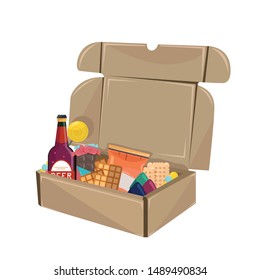 vector illustration snack, lolypop ,waffle , chocolate , candy and beer on the open box , vector icon and syimbol