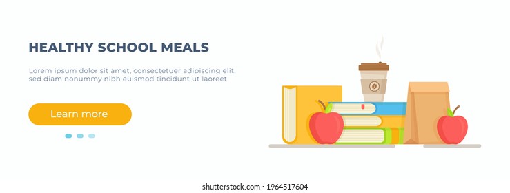 Vector illustration of a snack at school. Healthy school meals for kids and students. School breakfast. Juicy apple, coffee, fresh bun and school books. 