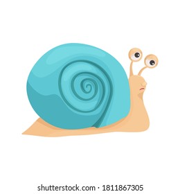 Vector illustration of a snail with a blue shell in a cartoon style. The snail looks sad tired, emotion. For children's books, clothes, postcards
