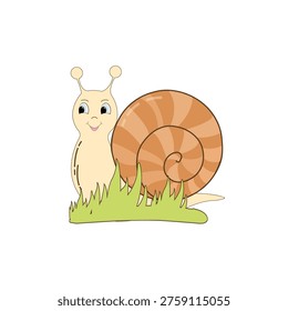 A vector illustration of a snail in cartoon style. The character, with a kind expression and a large spiral shell, is depicted on green grass.