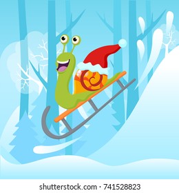 Vector illustration of snail with Christmas hat riding sledge on snowy hill.