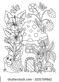 Vector illustration. A snail in the clearing near the ant's house. Coloring book. Anti Stress for adults and children. Black and white.