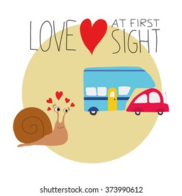 Vector illustration of a snail falling in love with a car and a caravan. Funny Saint Valentines greeting card. Love concept.