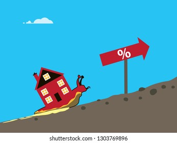 A vector illustration of a snail with a house on its back slowly going up hill. A metaphor on a sluggish house market.