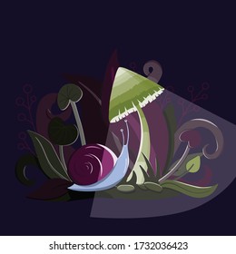 Vector illustration with a snail looking into the glowing mushroom.
