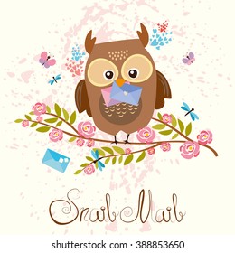 vector illustration. snail mail. postcrossing cheerful. cute owl with letters. 