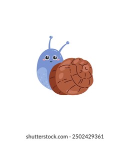 Vector illustration of a snail peeking out of a shell with cute horns and a sweet smile. It is ideal for the design of kawaii graphics on a natural theme.