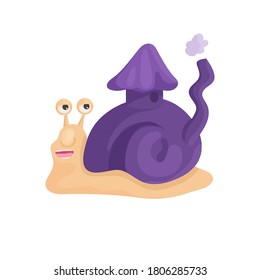 Vector illustration of a snail with a purple shell in a cartoon style. The snail looks funny, the shell is shaped like a house with a pipe. For children's books, clothes, postcards