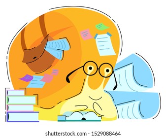Vector illustration of a snail reading a book.