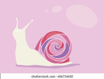 Vector illustration of snail. Snail with yellow striped shell. Snail on a monochrome background with Boxing for words in a cartoon style.