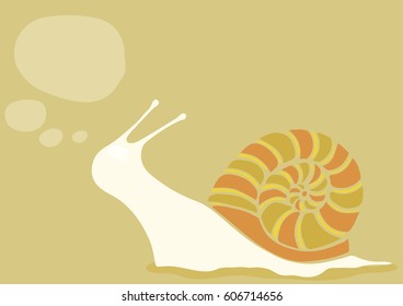 Vector illustration of snail. Snail with yellow striped shell. Snail on a monochrome background with Boxing for words in a cartoon style.