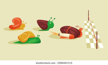 Vector illustration of snails participating in a race with humorous and creative approaches, symbolizing competition, strategy, and out-of-the-box thinking.