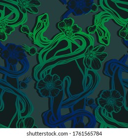 Vector illustration. Snake around the tooth, rose hips, print on t-shirt, line art style, Handmade, green-grey  background, seamless pattern