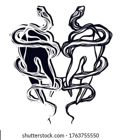 Ilustración vectorial. Serpiente alrededor del diente, caderas de rosas, imprimir en camiseta, estilo de arte lineal, tatuaje, hecho a mano