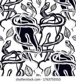 Vector illustration. Snake around the tooth, rose hips, print on t-shirt, line art style, light  background, seamless pattern, Handmade