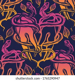 Vector illustration. Snake around the tooth, rose hips, print on t-shirt, line art style, dark background, seamless pattern, Handmade