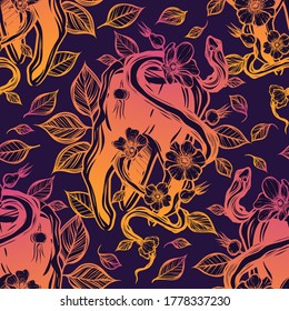 Vector illustration. Snake around the tooth, rose hips, print on t-shirt, line art style, Handmade, dark background, seamless pattern