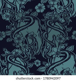 Vector illustration. Snake around the tooth, rose hips, print on t-shirt, line art style, dark background, seamless pattern, Handmade