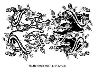 Vector illustration. Snake around the tooth, rose hips, print on t-shirt, line art style, Handmade, tattoo