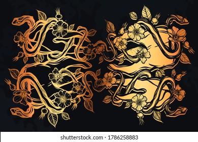 Vector illustration. Snake around the tooth, rose hips, print on t-shirt, line art style, Handmade, background chalkboard