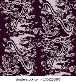 Vector illustration. Snake around the tooth, rose hips, print on t-shirt, line art style, Handmade, dark background, seamless pattern