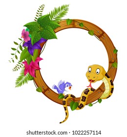 vector illustration of snake and bird on round wood frame with flower