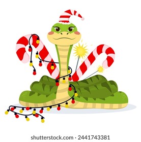 vector illustration of a snake in a cartoon New Year's style, isolated on a white background. The symbol of the coming new year 2025
