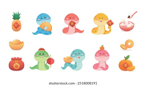 Vector illustration of snake character or cartoon character with Chinese New Year or Lantern Festival, glutinous rice balls and money bag, translation: spring