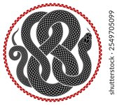 Vector illustration of a snake coiled to fill a circular shape. Black serpent silhouette of round form. Isolated tattoo design.