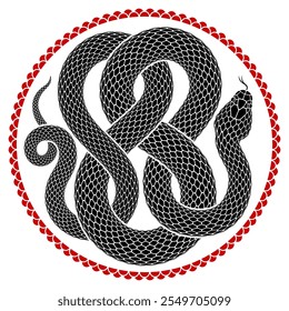 Ilustración vectorial de una serpiente enrollada para llenar una forma circular. Silueta de serpiente negra de forma redonda. Diseño de tatuaje aislado.