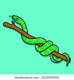 vector illustration of a snake coiled on a tree trunk with a cartoon concept for kids. suitable as icon, sticker, wallpaper, etc.