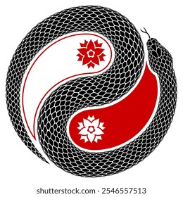 Ilustración vectorial de serpiente enrollada en forma de símbolo de Yin Yang. Serpiente que muestra el signo de equilibrio y armonía de Taijitu. Diseño del tatuaje aislado en un fondo blanco.