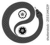 Vector illustration of snake curled up in shape of Yin Yang symbol. Serpent showing Taijitu sign of balance and harmony. Tattoo design isolated on a white background.