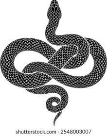 Vector illustration of snake curled up in shape of infinity sign. Black serpent silhouette of figure eight knot symbol. Isolated tattoo design.