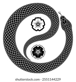 Ilustración vectorial de serpiente acurrucada en forma de símbolo de Yin Yang. Serpiente que muestra el signo de equilibrio y armonía de Taijitu. Diseño del tatuaje aislado en un fondo blanco.