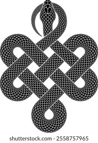 Vector illustration of snake curled up in shape of endless knot symbol. Black serpent silhouette as traditional buddhist sign. Isolated tattoo design.