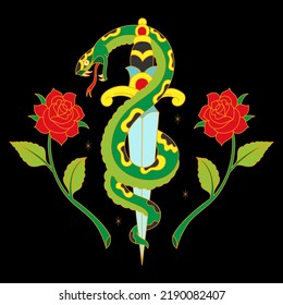 Vector Illustration Snake Dagger And Roses