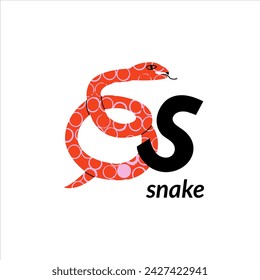 Vector illustration with snake and English capital letter S. childish alphabet for language learning	