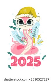 vector illustration of a snake in a flat style. The character is a symbol of the year 2025 in pink and blue and green colors.