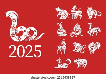 Vector illustration of a snake with floral details symbolizing the 2025 Chinese Zodiac, isolated on a white background, perfect for cultural designs and decor.