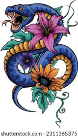 vector illustration of snake with flower and leaves