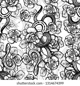 Vector illustration, snake and flowers, astronomical geometry, Handmade, seamless pattern, light  background