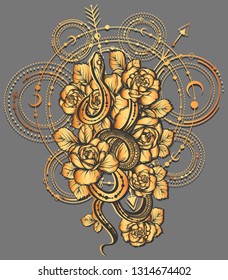 Vector illustration, snake and flowers, astronomical geometry, Handmade, gold color