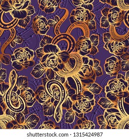 Vector illustration, snake and flowers, astronomical geometry, Handmade, seamless pattern, violet background