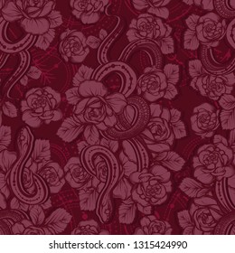 Vector illustration, snake and flowers, astronomical geometry, Handmade, seamless pattern, burgundy background