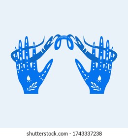 Vector-Abbildung. Schlange in der Hand. Alchimie, Astronomie. Zauberobjekt. Blaue Hände und eine Schlange.