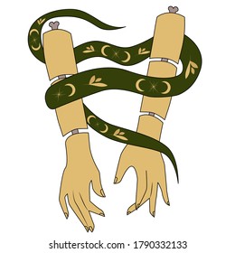 Vector illustration. Snake in hand. Alchemy, astronomy. Magic object. Red hands and a snake. Seance, witch's palm, cult of space and magic.Magic of the sun and moon.The religion of.