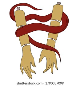 Ilustración vectorial. Serpiente en mano. Alquimia, astronomía. Objeto mágico. manos y una serpiente. Seance, palma de bruja, culto al espacio y magia. Magia del sol y la luna. La religión de.
